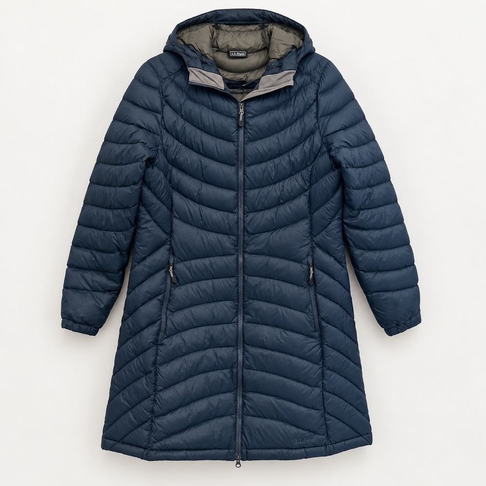 L.L.Bean Womens M Ultralight 850 DownTek Hooded Long Puffer Coat Blue 501829